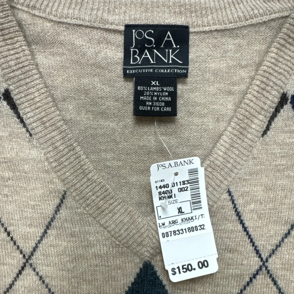 NWT Lambs Wool XL Sweater Argyle Tan Jos A Bank Executive V Neck Blue MSRP $150